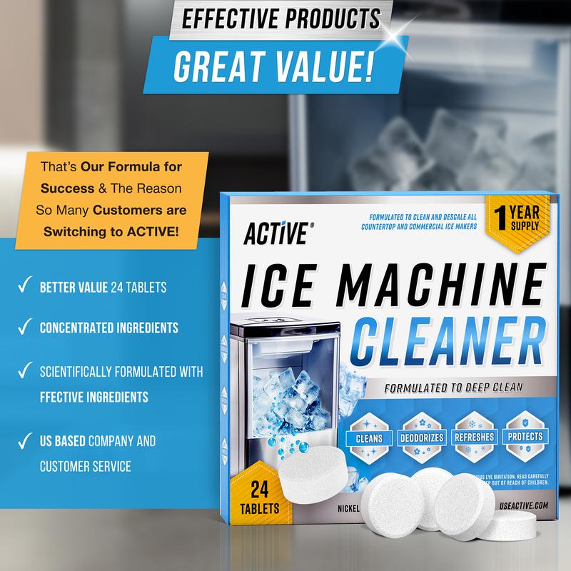 Ice Machine Cleaner Maker Descaler - 24 ACTIVE Clean Tablets Compatible with Frigidaire, Opal, GE Profile, Kitchenaid, Nickel Safe Scale Remover for Countertop, Nugget Ice Makers - Bulk 1 Year Supply  Key Product Feature