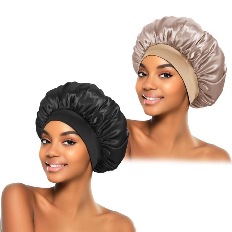 2Pcs Silk Bonnet for Sleeping, Satin Hair Bonnets, Soft Elastic Band Silk Sleep Cap, Hair Wrap for Women (Black Gold) Shower Hat