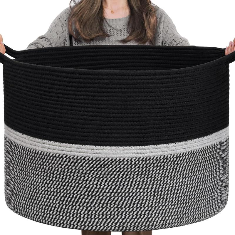 CHICVITA Extra Large Laundry Basket, Woven Rope Blanket Basket For Towels, Clothes, Toy Storage Basket, Pillow Basket For Living Room, Family Room, 22 x 22 x 14 inches, Black