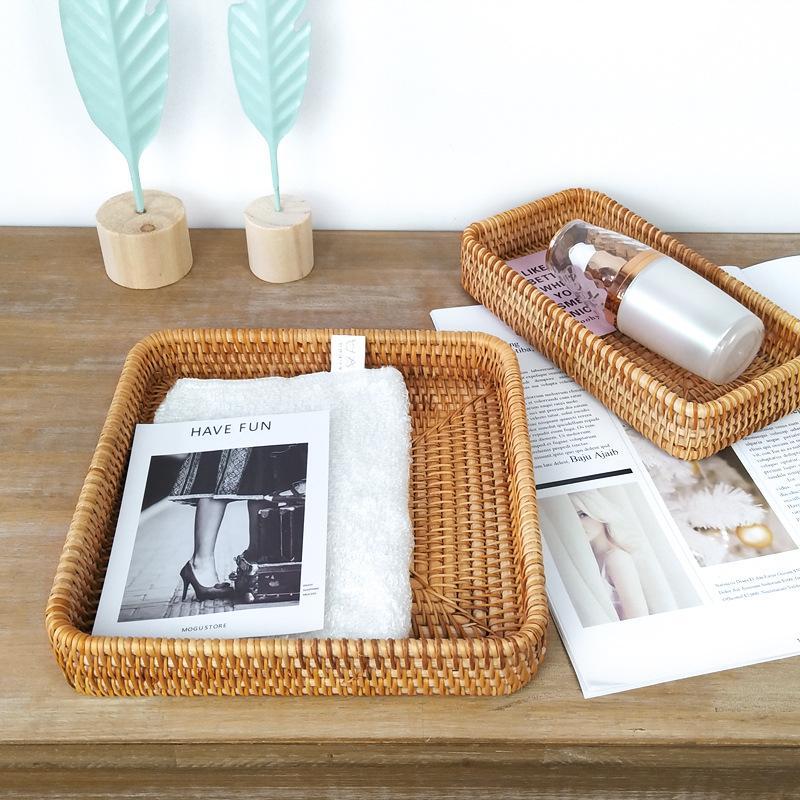 Woven Rattan Tea Basket, 1 Count Rectangular Serving Tray, Cosmetic Tray, Home Organizer for Living Room & Bedroom & Kitchen