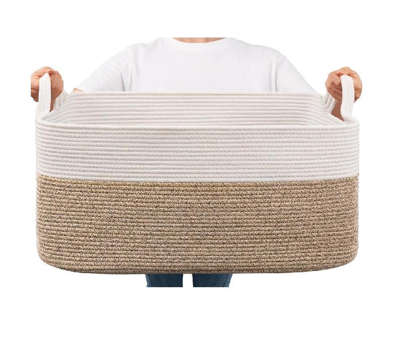 Goodpick Large Rectangle Cotton Rope Woven Basket for Laundry, Living Room, Bedroom, 21.6