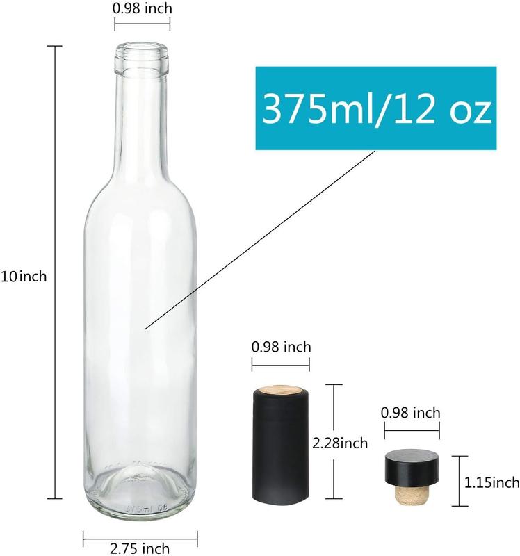 12 oz Glass Bottles With Cork Lids,Home Brewing Bottles Juicing Bottles With Caps Shrink Capsules,Clear Beveage Bottles For Sparkling Wine,Kefir,Food Storage,Leak Proof,Dishware Safe,12Pack