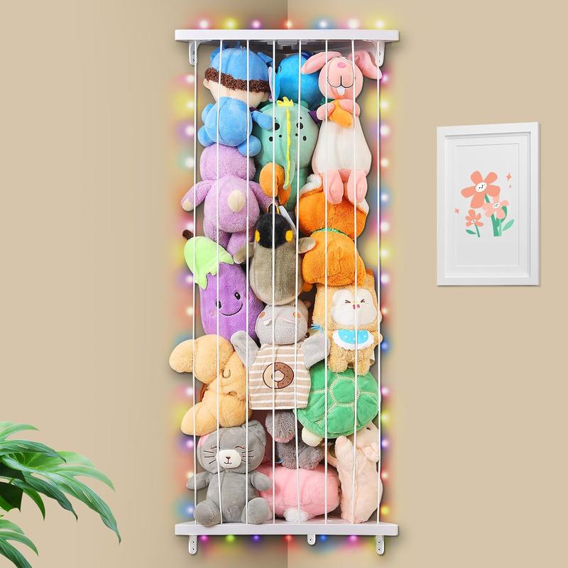 Stuffed  Storage Corner Plush Toys Holder with Star Pattern,Stuffed  Holder with LED Light,Large Corner  Plushies Toys Wall Hangingwith Adjustable Length for  Playroom Bedroom