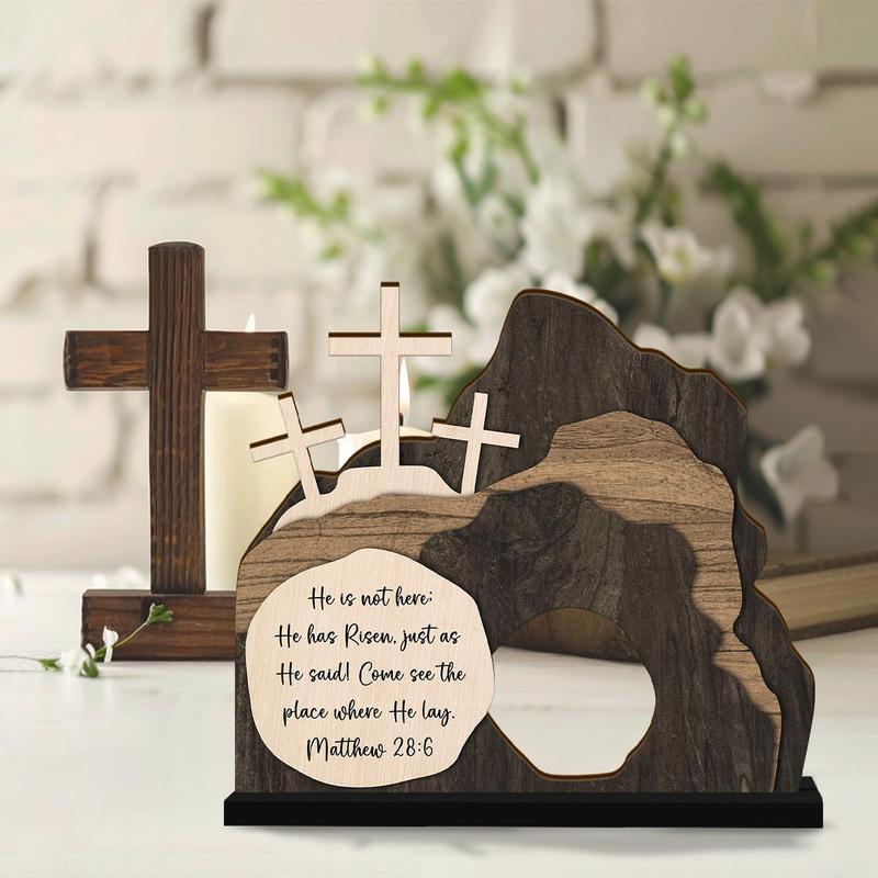 Tomb Resurrection Scene Decoration, 1 Count Wooden Jesus Nativity Themed Cross Pattern Figurines Table Decoration, Christmas Home Ornament for Living Room Bedroom