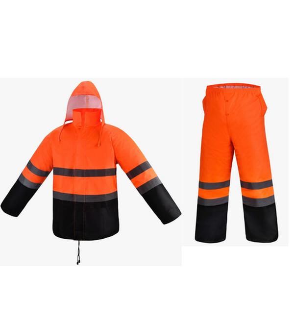 FX SAFETY Class 3 Orange Rain Suit   Includes Jacket with hood and Rain  Pants High Visibility Reflective Black Bottom Waterproof Reusable