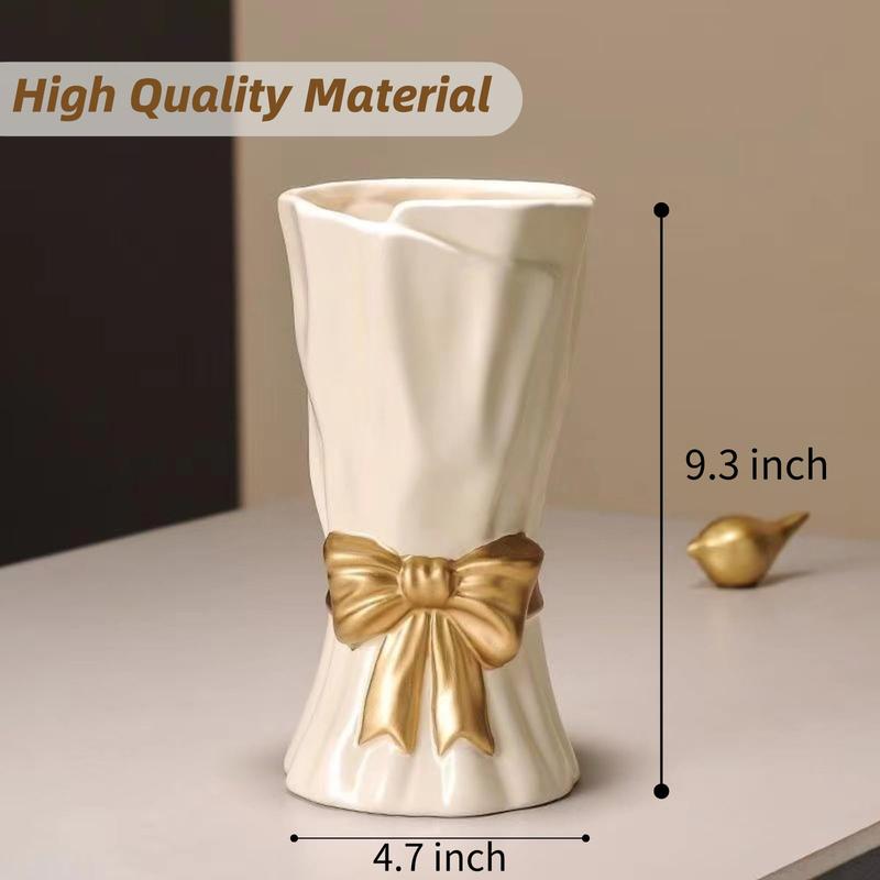 Bow Vase, White Flower Vase for Home Decor, White Ceramic Vase for Boho Style, 9.3 Inch Large Vase for Ideal Shelf Decor Table Living Room. (Glazed Exterior and Interior)