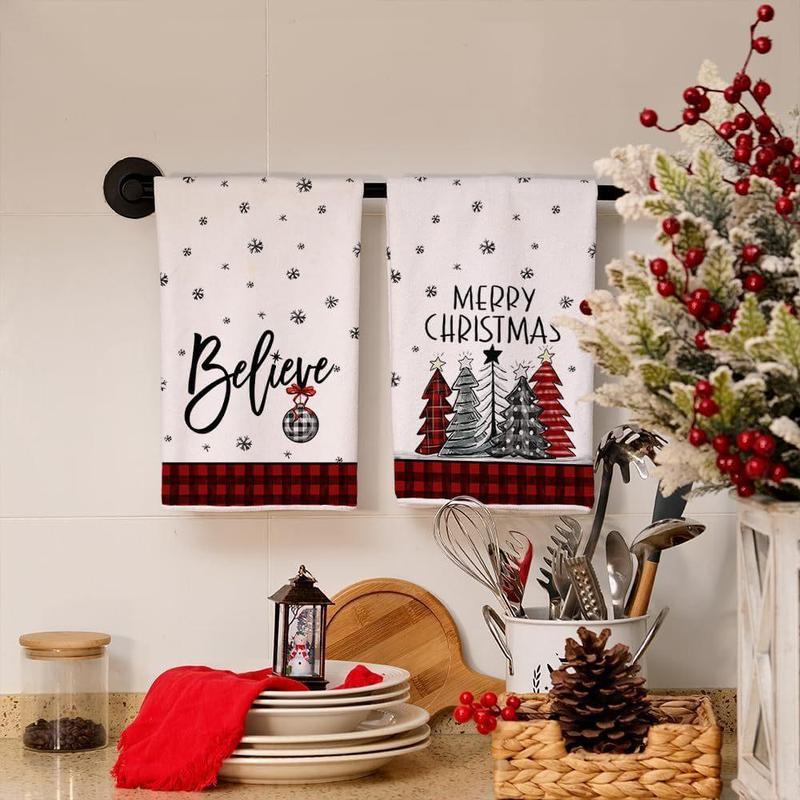 Christmas Themed Kitchen Towel, 2 Counts set Merry Christmas Lettering Soft Absorbent Towel, Kitchen Cleaning Towel, Kitchen Accessories