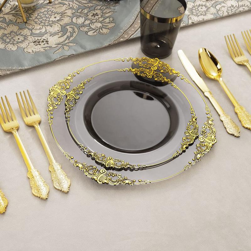 Nervure 175PCS Black Gold Plastic Plates Sets for 25 Guests Include 25 Dinner,Dessert Plates, 25 Cups,Forks,Knives,Spoons,Napkins for Parties&Birthday halloween decor