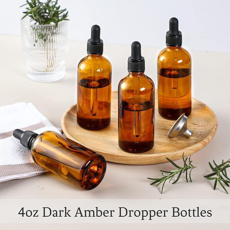 4 Pack, 4oz Amber Glass Dropper Bottles with 1 Funnel & 4 Lables - 120ml Dark Brown Tincture Bottles with Eye Droppers - Leakproof Travel Bottles For Essential Oils, Liquids