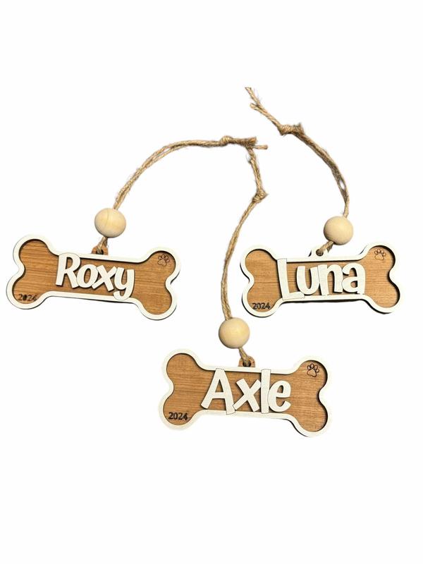 Reclaimed Wood Dog Bone Ornament Hanging Charm customized with name