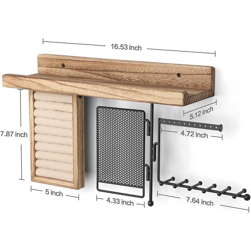 Hanging Organizer Wall Mount with Rustic Wood Shelf, Ring Display Box, Ear Studs Earring Holder, Rotating Necklace Holder Organizer Racks Hangable