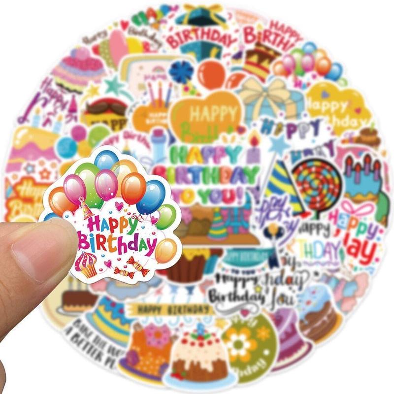 50pcs Cute Cartoon Happy Birthday Pattern Sticker, DIY Decoration Sticker for Wall Water Bottle Skateboard Helmet Car Bike Luggage Laptop