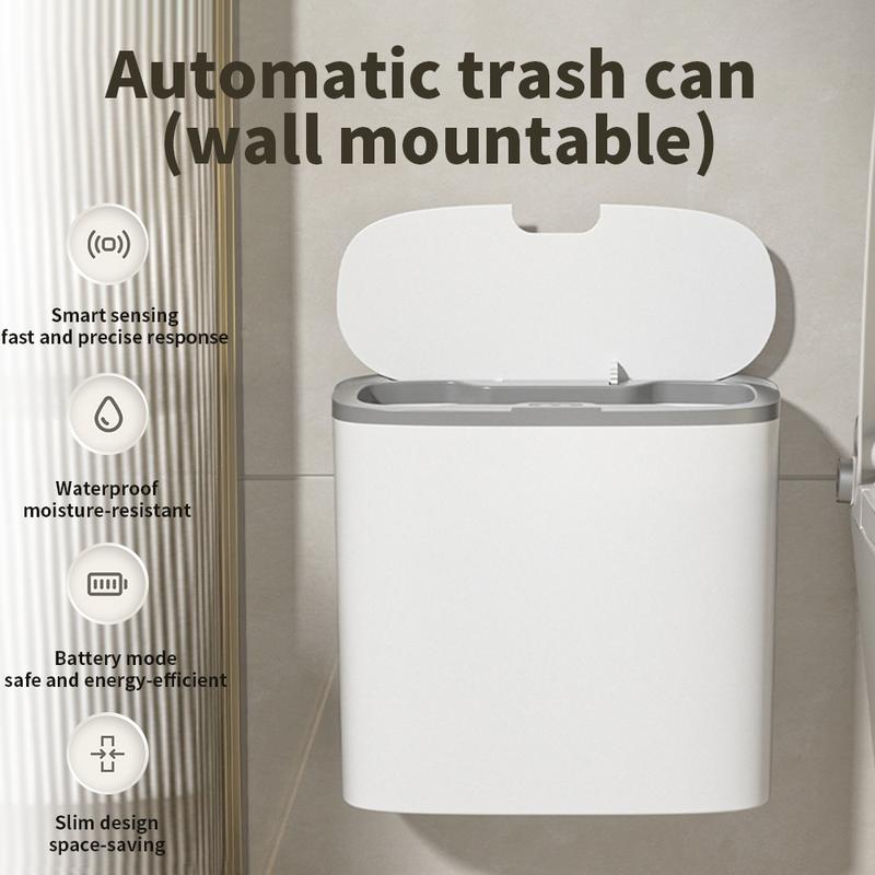 Automatic Trash Can with Lid, 3.8 Gallon Slim Compact White Plastic Smart Trash Can with Narrow Motion Sensor, Wall Mountable for Bedroom, Bathroom, Toilet and Kitchen Hand