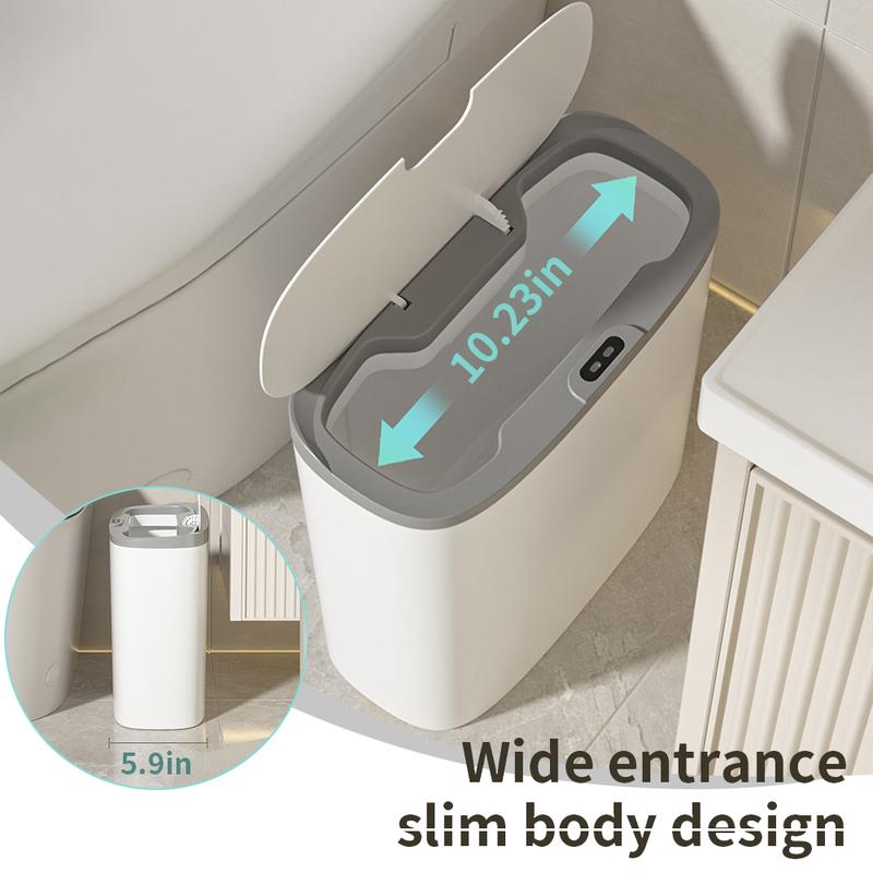 Automatic Trash Can with Lid, 3.8 Gallon Slim Compact White Plastic Smart Trash Can with Narrow Motion Sensor, Wall Mountable for Bedroom, Bathroom, Toilet and Kitchen Hand