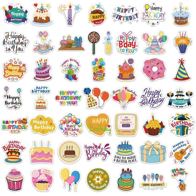 50pcs Cute Cartoon Happy Birthday Pattern Sticker, DIY Decoration Sticker for Wall Water Bottle Skateboard Helmet Car Bike Luggage Laptop