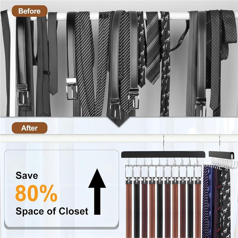 2 in 1 Belt Tie Hanger for Closet Max 30 Belts with 30 Ties Capacity, 20 Hooks Belt Tie Racks Wooden Hanger for Closet Organizer Storage “U” Fit for Belt and “” Fit for Tie - CT47B Hanging