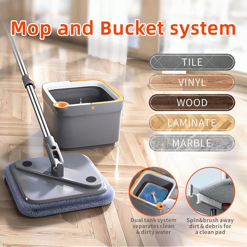 Spin Mop And Bucket, Mop And Bucket With Wringer Set For Home Cleaning Mops With Separate Dirty And Clean Water Wet And Dry Mop For Floors (Square Spin Mop, 2 Washable Microfiber Mop Pads)