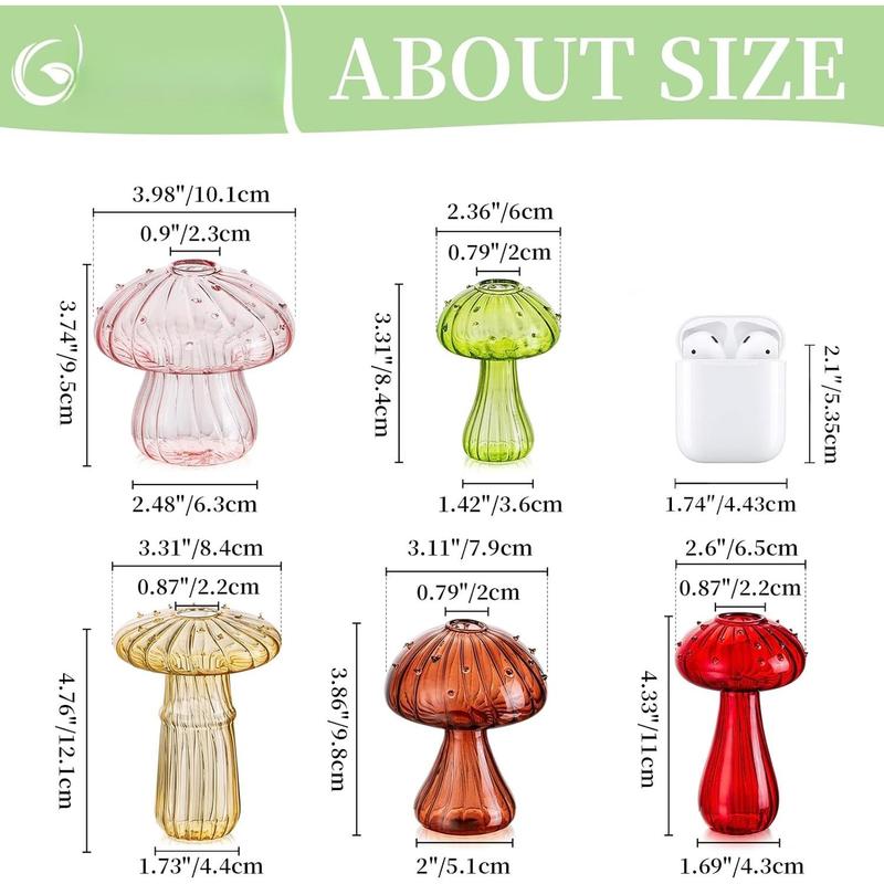 Mushroom Flower Vase, Cute Colored Glass Vase Set of 5,  Bud Small Vase , Aesthetic Decorative Vases for Home Decor, Hydroponic  Vase Indoor for Dining Room Centerpieces