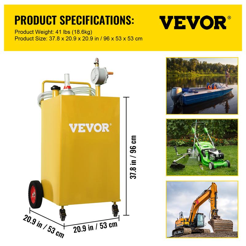 VEVOR 30 Gallon Fuel Caddy, Gas Storage Tank & 4 Wheels, with Manuel Transfer Pump, Gasoline Diesel Fuel Container for Cars, Lawn Mowers, ATVs, Boats, More, Yellow Bottles Hand