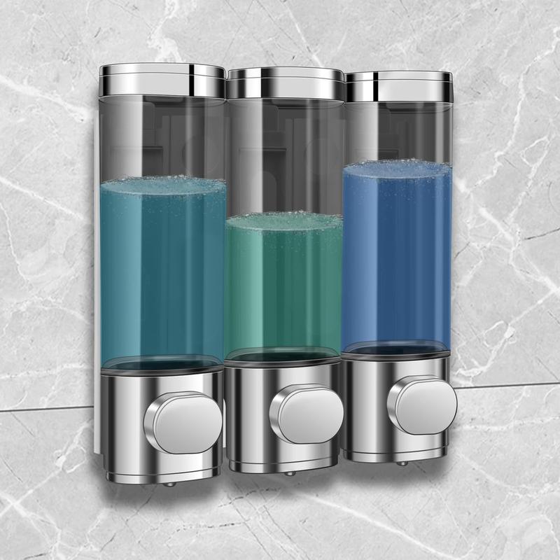 3 Chamber Shampoo Soap Dispenser No Leakage for Shower Wall Mounted and Conditioner Dispenser No Drill, Drip Transparent Bottle Installation Wall-Mounted 3-in-1 shower soapdispenser