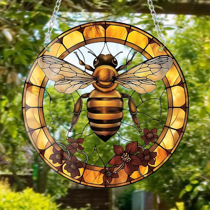 Bee & Flower Design Hanging Suncatcher, Round Colorful Hanging Ornament, Outdoor Hanging Decor for Garden, Patio, Yard, Home Decor