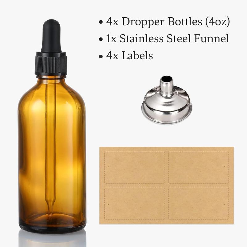 4 Pack, 4oz Amber Glass Dropper Bottles with 1 Funnel & 4 Lables - 120ml Dark Brown Tincture Bottles with Eye Droppers - Leakproof Travel Bottles For Essential Oils, Liquids