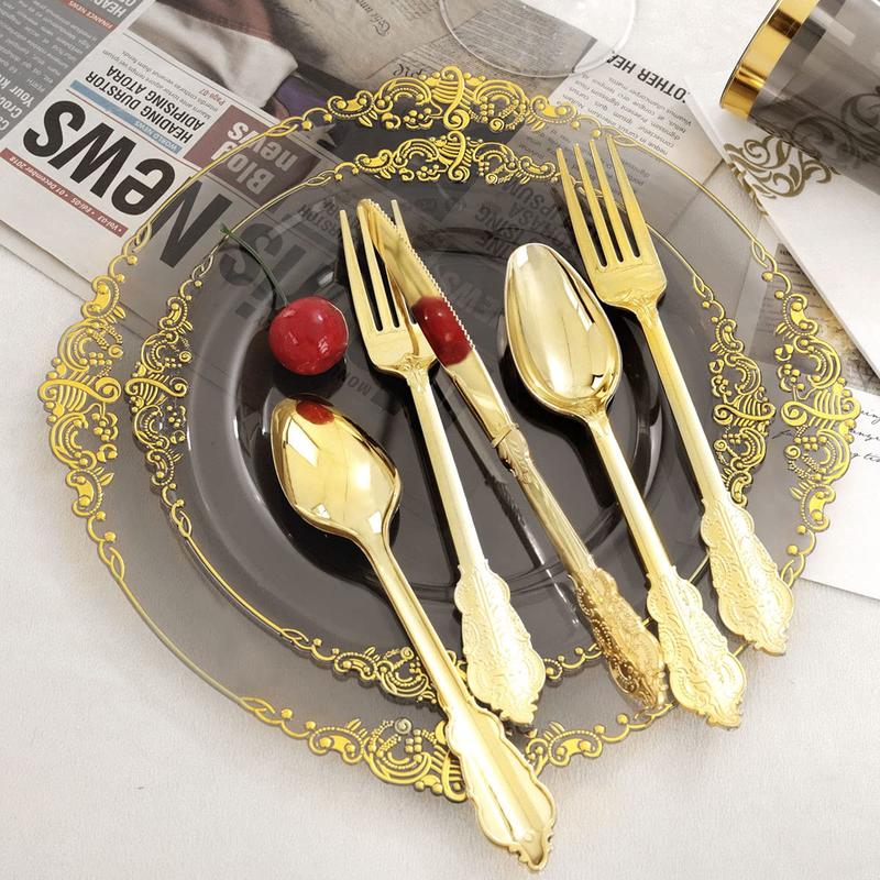 Nervure 175PCS Black Gold Plastic Plates Sets for 25 Guests Include 25 Dinner,Dessert Plates, 25 Cups,Forks,Knives,Spoons,Napkins for Parties&Birthday halloween decor