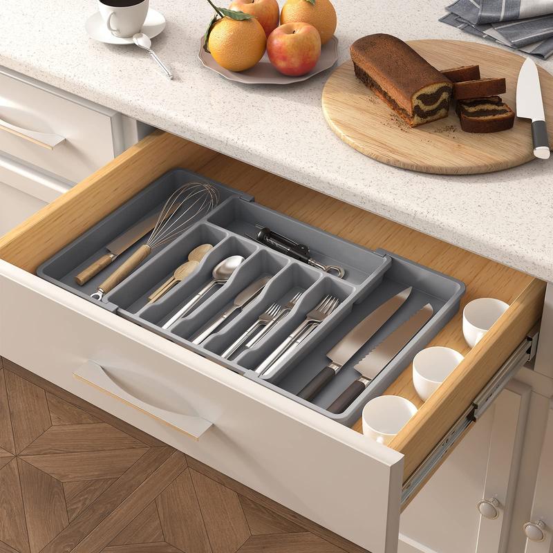 Silverware drawer organizer, kitchen expandable cutlery storage tray, BPA-free cutlery and cutlery rack, adjustable plastic for storing spoons, forks, knives, large