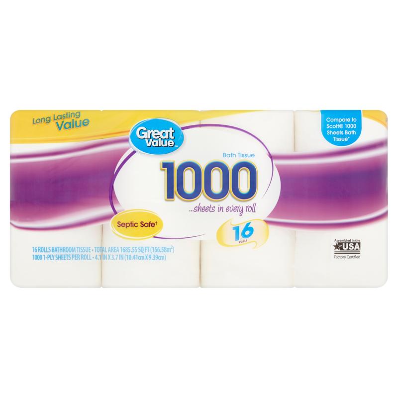 Great Value 1-Ply Tissue 1000 Sheets per Roll, 16 Rolls Bath Tissue Napkin