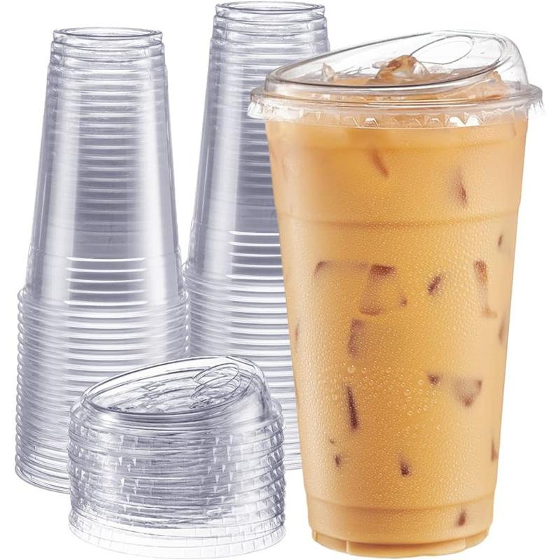 100 Sets Crystal Clear Plastic Cups With Strawless Sip-Lids Disposable Pet