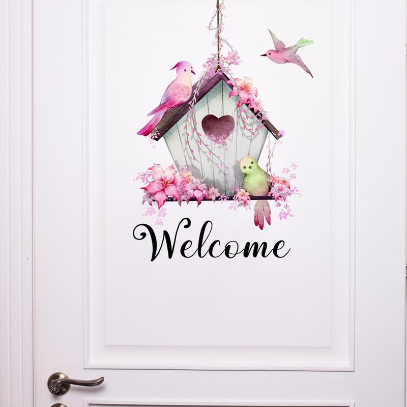 Cute Bird & House Pattern Door Sticker, Welcome Removable Self-adhesive Door Sign, Decorative Sticker for Home Living Room Front Door, Home Decor Collection