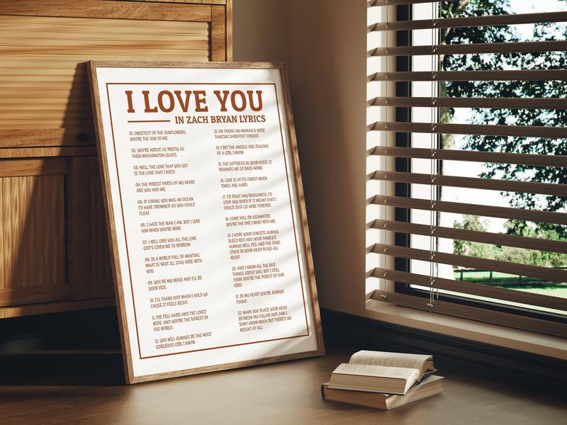 I Love You in Lyrics Poster, Coastal Cowgirl Art, Tour Print, Country Gallery Wall, Burnt Orange, Inspirational Wall Decorative Pictures Painting Home Wall Decor Unframe