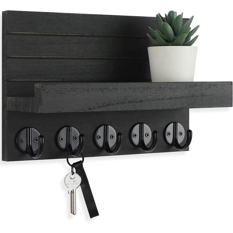 Key Holder for Wall, Decorative Key and Mail Holder with Shelf Has Large Hooks for Bags, Coats, Umbrella Paulownia Wood Key Hanger with Mounting Hardware (9.8 inch W x 6.7 inch H x 4.2 inch D)