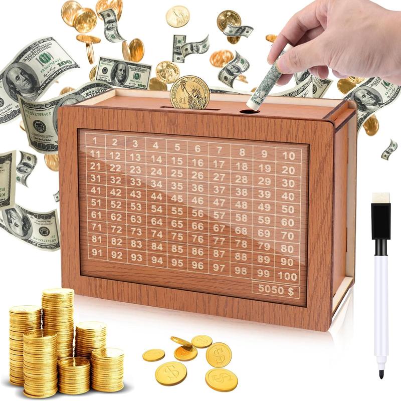 Wooden Money Box Money ,100 Days Saving Challenge Money Box Countdown Money Saving Box with 5050 Dollars Target, Money Box with Numbers to Check for Adults  (100 Days Saving Challenge)