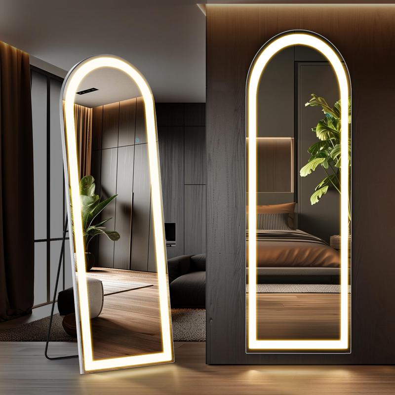 Mirror Full Length Standing Mirror with LED Lights, Lighted Floor Mirror with Stand, w Dimming & 3 Color Lighting, Wall Mirror Full Length Aluminum Alloy Thin Frame