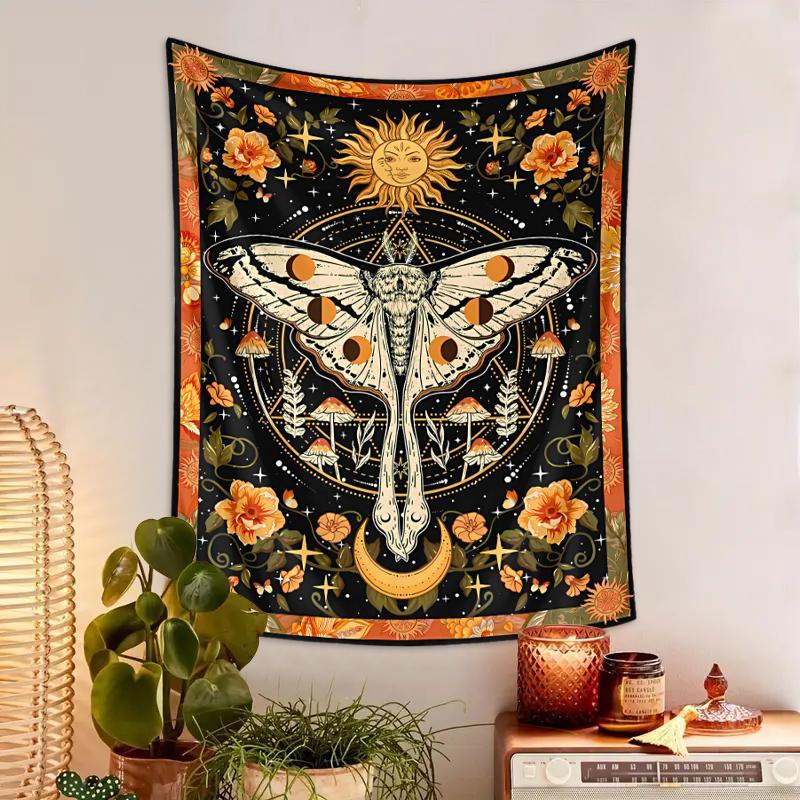 Bohemian Style Sun & Moon Pattern Tapestry, 1 Count Vintage Flower Pattern Tapestry with Free Installation Accessories, Wall Hanging for Home Living Room Bedroom Decor