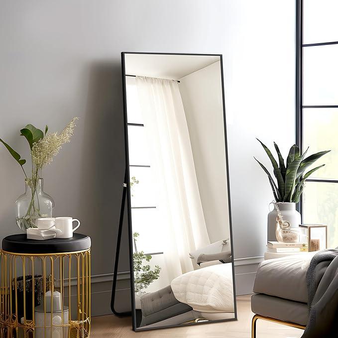 Full Length Mirror Standing Hanging or Leaning Against Wall, Large, Rectangle, Bedroom Wall-Mounted   Floor Dressing Mirror, Aluminum Alloy Thin Frame, Black, 65