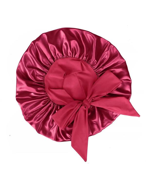 Solid Color Bow Decor Satin Hair Bonnet, Soft Elastic Sleeping Bonnet for Curly Hair, Hair Bonnet for Women & Girls