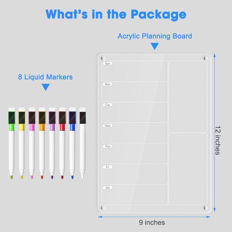 Acrylic Magnetic Calendar, Acrylic Meal Planner Magnetic Menu Board for Kitchen Fridge w  8 Markers, Clear Weekly Calendar Planning Board Noteboard Refrigerator Dry Erase Board to Do Grocery Shopping List Chore Chart, 12.8x9’’ Decor Gift
