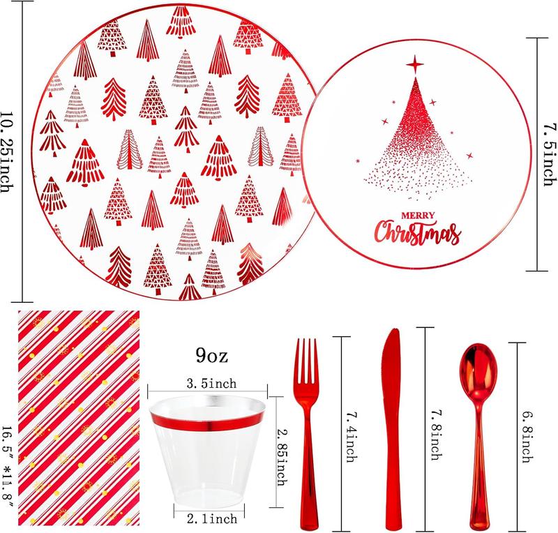 Nervure 175PCS Christmas Plastic Plates - Withe and Red Disposable Plates - Christmas Tree Plates Include 25Dinner Plates, 25Dessert Plates, 75Silverware, 25Cups, 25 Napkins for Christmas Party