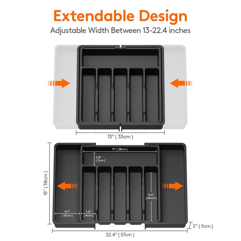 Silverware drawer organizer, kitchen expandable cutlery storage tray, BPA-free cutlery and cutlery rack, adjustable plastic for storing spoons, forks, knives, large