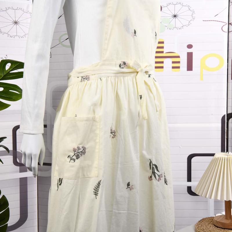 Light Yellow Embroidery Full Apron With Pockets, Cotton & Linen Apron Dress, Art Apron for Women, Necktie Apron For Mom,Gift For Wife Kitchen chef apron