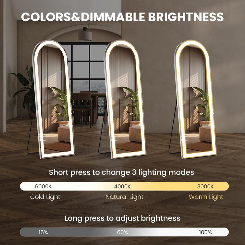 Mirror Full Length Standing Mirror with LED Lights, Lighted Floor Mirror with Stand, w Dimming & 3 Color Lighting, Wall Mirror Full Length Aluminum Alloy Thin Frame