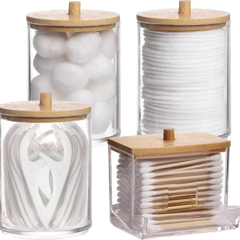 Clear Storage Jar with Wooden Lid, 4 Counts set Multifunctional Makeup Tool Cotton Swabs Dental Floss  Jewelry Storage Box, Home Organizer for Living Room Bedroom Bathroom