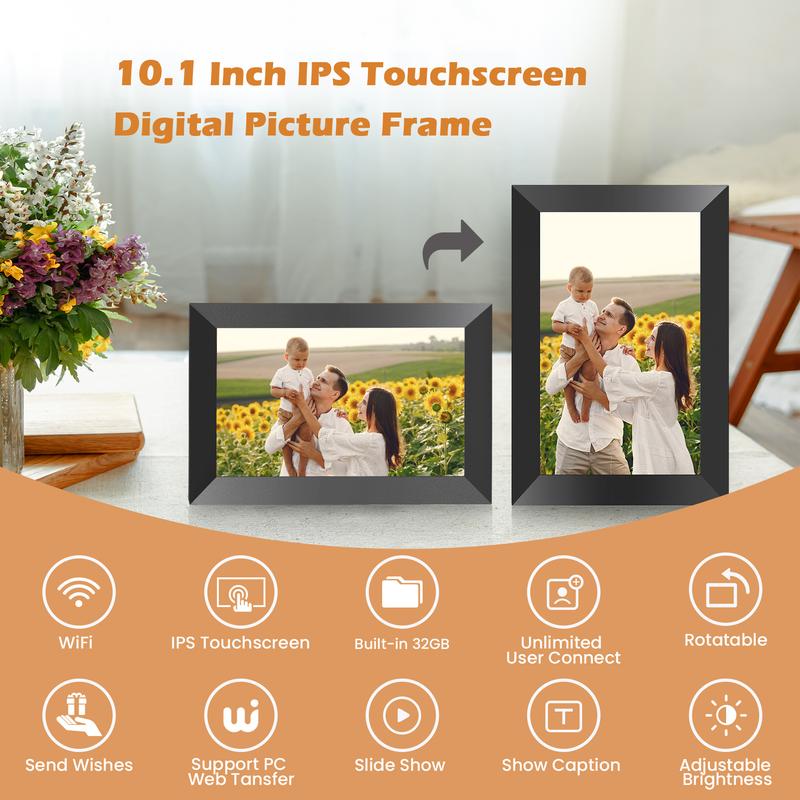 10.1 Inch WiFi Digital Picture Frame, IPS HD Touch Screen Cloud Smart Photo Frames with Built-in 32GB Memory, Wall Mountable, Auto-Rotate, Share Photos Instantly from Anywhere-Great Gift