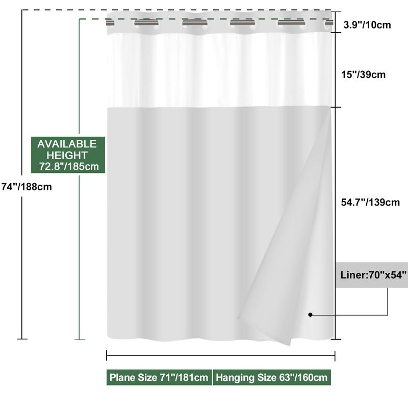 PUNKRAY No Hook Shower Curtain with Snap in Fabric Liner Set - Hotel Style with See Through Mesh Top Window, Modern Geometric Waterdrop Design,Water-Repellent & Washable