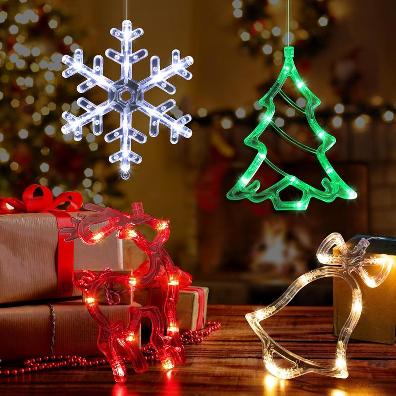 Christmas Window Decorations,4 Pack Jingle Bell Reindeer Christmas Tree Snowflake Christmas Window Lights with Suction Cup,Battery Operated(exclude) Indoor Lights for New Year Decorations Hook Slide