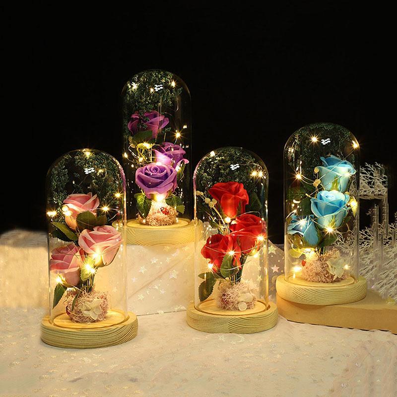 Christmas Artificial Rose with Transparent Glass Storage Box & LED Light, 1 Count Decorative Flower Plants for Home & Party, Decorative Flowers Ornaments DIY Accessories