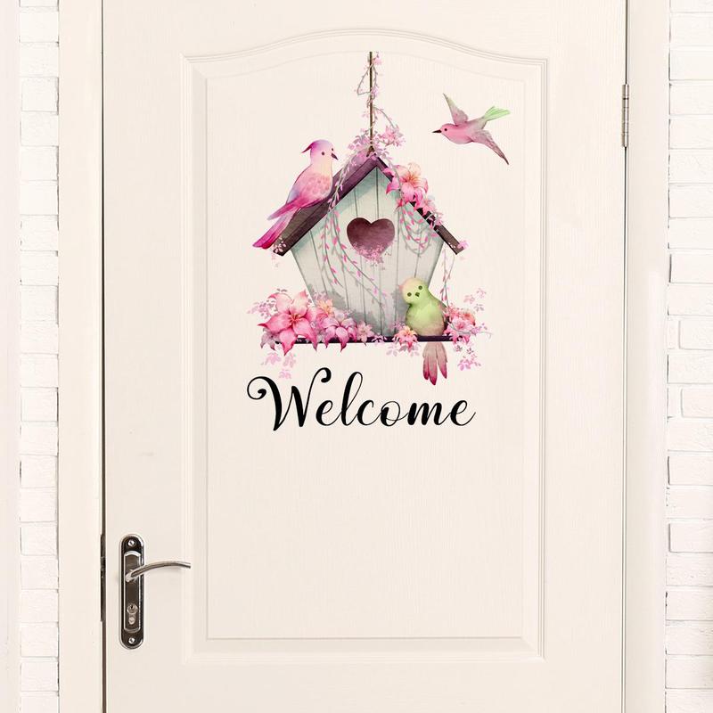 Cute Bird & House Pattern Door Sticker, Welcome Removable Self-adhesive Door Sign, Decorative Sticker for Home Living Room Front Door, Home Decor Collection