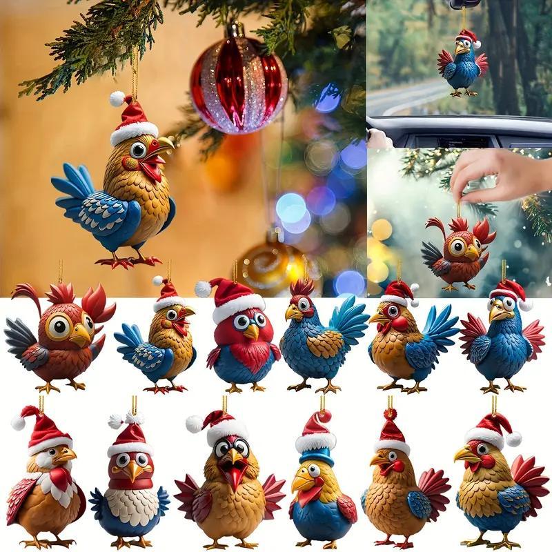 Cute Cartoon Chicken Design Hanging Ornament, 12pcs set Acrylic Bird Pendant, Festive Animal Pendant for Home and Vehicle Holiday Decoration